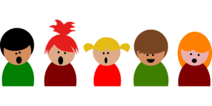 cartoon graphic of five juvenile choir singers singing